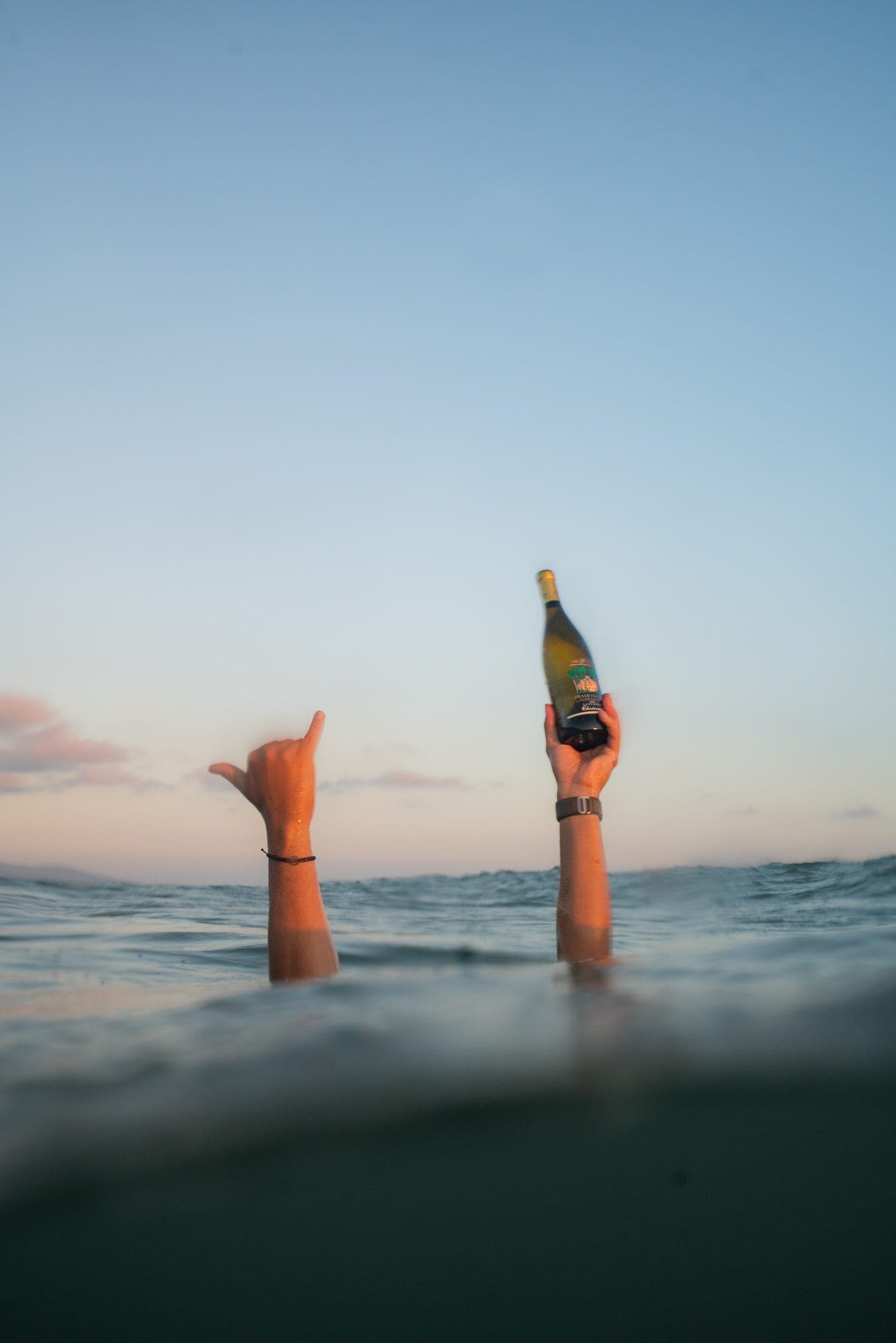Two arms rising from the ocean at dusk, one throwing a shaka and one holding up a wine bottle